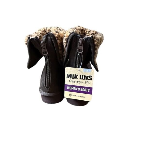 NWT Muk Luks Dark Brown Leopard Faux Sheepskin Short Mid Calf Boots 7 - Picture 6 of 7